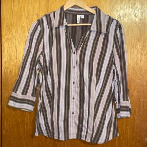 •ST.JOHN'S BAY•BROWN & PINK STRIPED 3/4 SLEEVE V NECK BUTTON UP BLOUSE XL EUC - Picture 3 of 6